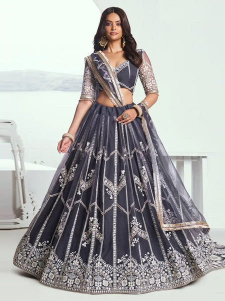 Grey Butterfly Net Embroidery Lehenga Choli by Fabricoz USA