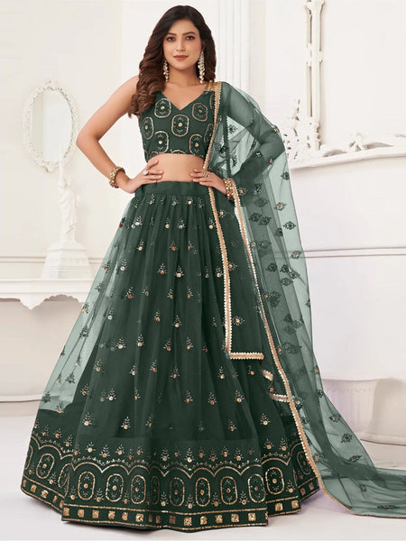 Dark Green Butterfly Net Sequins Embroidered Flowy Traditional Festive Wear Lehenga Choli by Fabricoz USA