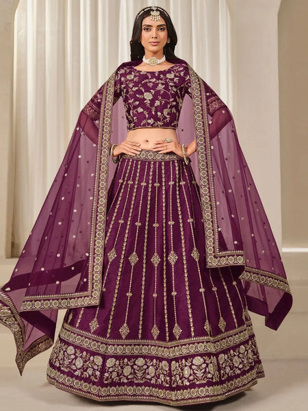 Wine Purple Silk Intricate Zari Embroidered Flowy Luxury Party Wear Lehenga Choli by Fabricoz USA