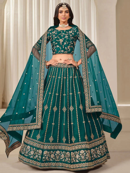 Emerald Green Silk Zari Work Flowy Designer Party Wear Lehenga Choli by Fabricoz USA