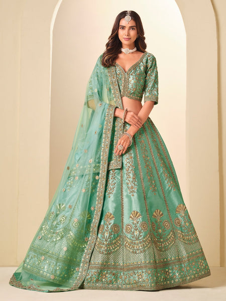Teal Green Silk Heavy Embroidered Flowy Glam Festive Wear by Fabricoz USA
