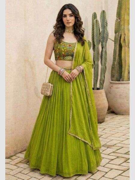 Mehendi Green Georgette Thread Embroidered Modern by Fabricoz USA