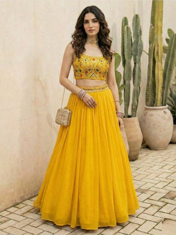 Mustard Yellow Georgette Thread Embroidered Modern
