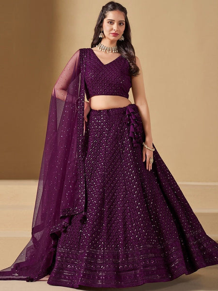 Deep Wine Sequins Embroidered Flowy Glam Reception Wear Lehenga Choli by Fabricoz USA