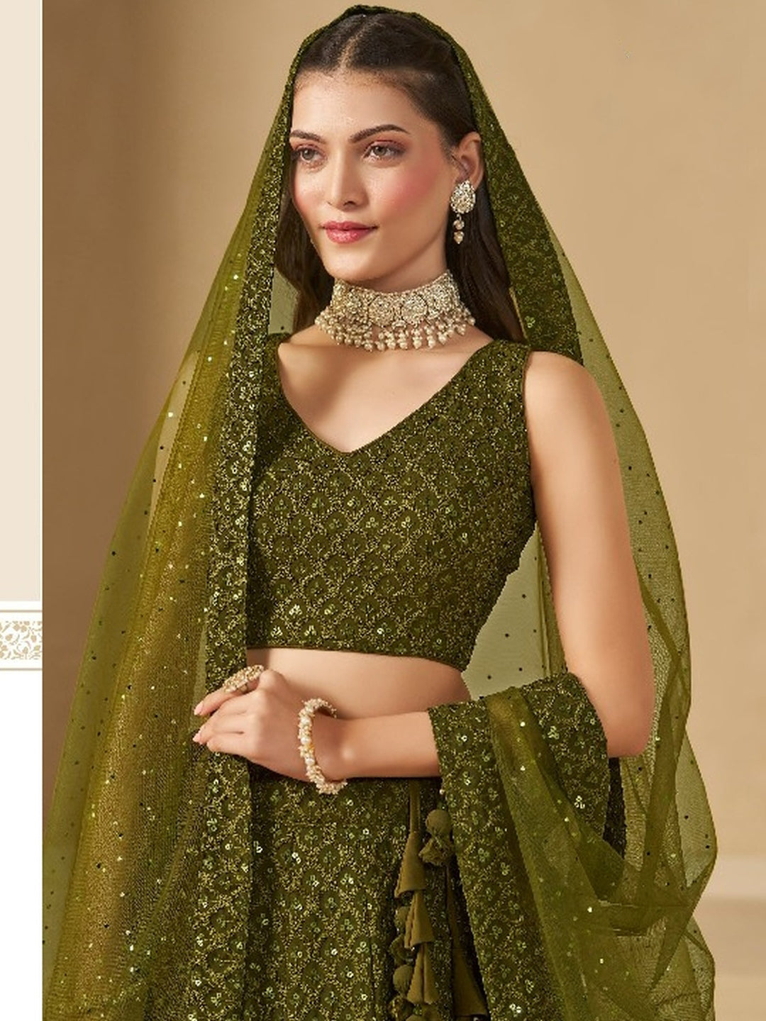 Olive Mehendi Green Sequins Embroidered Flowy Traditional Mehendi Wear