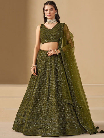 Olive Mehendi Green Sequins Embroidered Flowy Traditional Mehendi Wear 