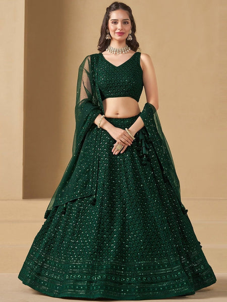 Emerald Green Sequins Embroidered Flowy Classic Wedding Wear Lehenga Choli by Fabricoz USA