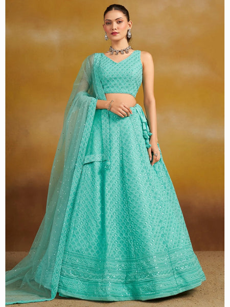Georgette Sequins & Thread Embroidered Flared Lehenga Choli by Fabricoz USA