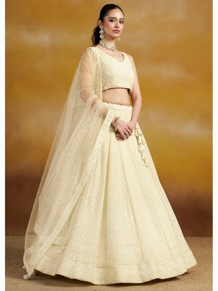 Ivory Georgette Sequins & Thread Embroidered Lehenga Choli by Fabricoz USA