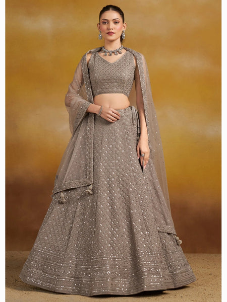 Grey Georgette Sequins & Thread Embroidered Lehenga Choli by Fabricoz USA