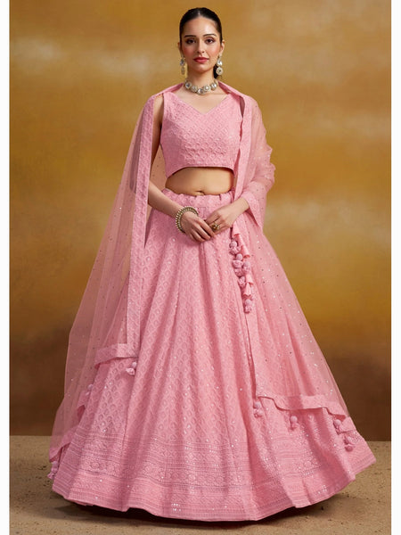 Light Pink Georgette Sequins & Thread Embroidered Lehenga Choli by Fabricoz USA