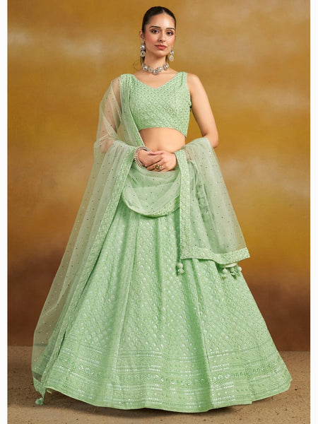 Mint Green Georgette Sequins & Thread Embroidered Lehenga Choli by Fabricoz USA