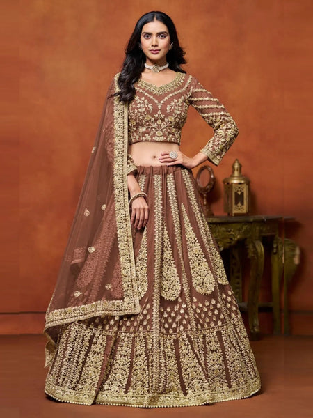 Chocolate Brown Net Zari Embroidered Bridal Wedding Wear by Fabricoz USA