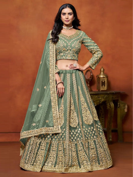 Sage Green Net Zari Embroidered Bridal Wedding Wear by Fabricoz USA