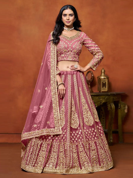 Dusty Pink Net Zari Embroidered Bridal Wedding Wear by Fabricoz USA