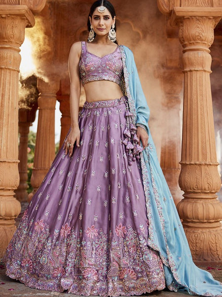 Lavender Art Silk Floral Embroidered Flared Lehenga Choli by Fabricoz USA