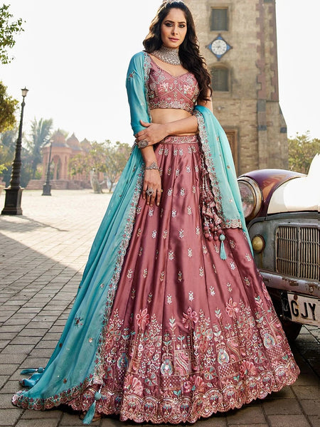 Dusty Rose Art Silk Floral Embroidered Flared Lehenga Choli by Fabricoz USA