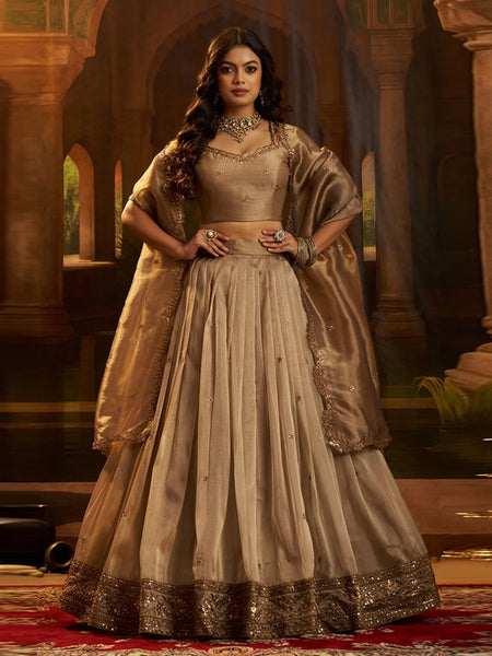 Brown Organza Zari Dori Sequins Flared Premium Wedding Wear Lehenga Choli by Fabricoz USA