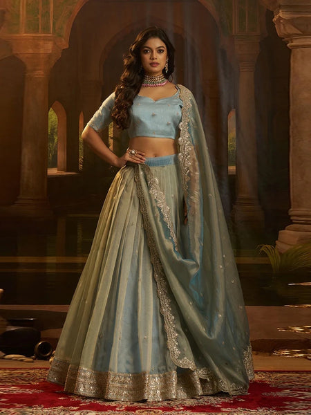 Turquoise Organza Zari Dori Sequins Flared Elegant Festive Wear Lehenga Choli by Fabricoz USA