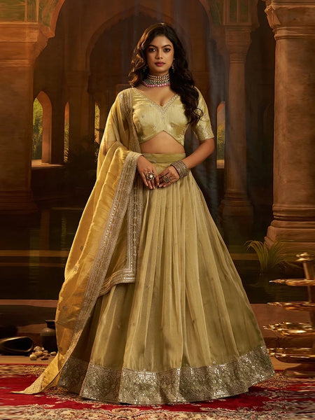 Olive Crepe Zari Dori Sequins Flared Royal Wedding Wear Lehenga Choli by Fabricoz USA