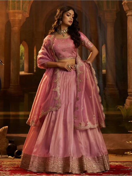 Pink Organza Zari Dori Sequins Flared Glam Wedding Wear Lehenga Choli by Fabricoz USA