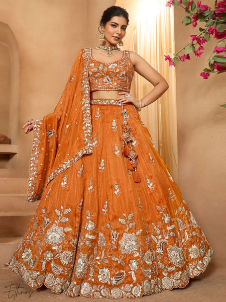 Orange Tissue Heavy Embroidered Flowy Designer Lehenga Choli by Fabricoz USA