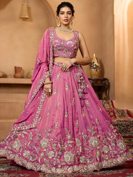 Pink Tissue Intricate Embroidered Flowy Designer Lehenga Choli by Fabricoz USA