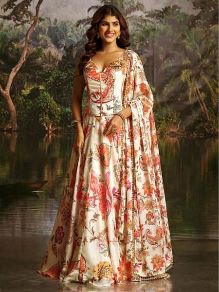 Ivory Georgette Floral Printed & Handcrafted Work Lehenga Choli by Fabricoz USA