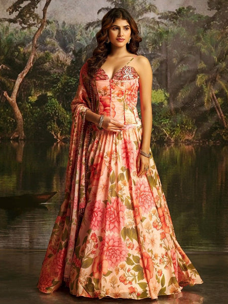 Coral Pink Georgette Floral Printed & Handcrafted Lehenga Choli by Fabricoz USA