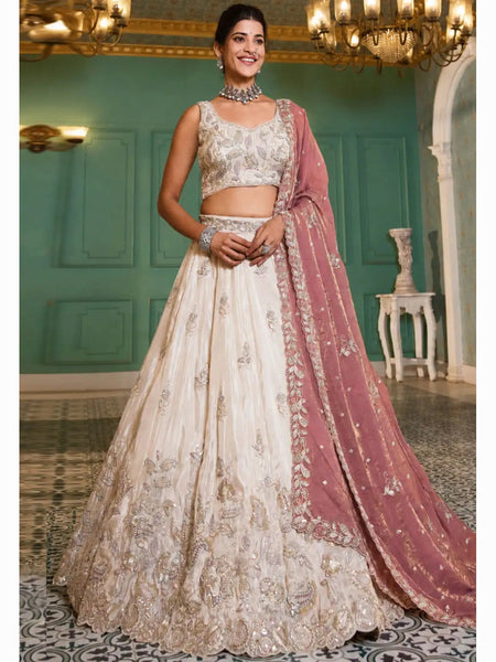 Ivory Gold Pure Tissue Intricate Floral Embroidered Lehenga Choli by Fabricoz USA