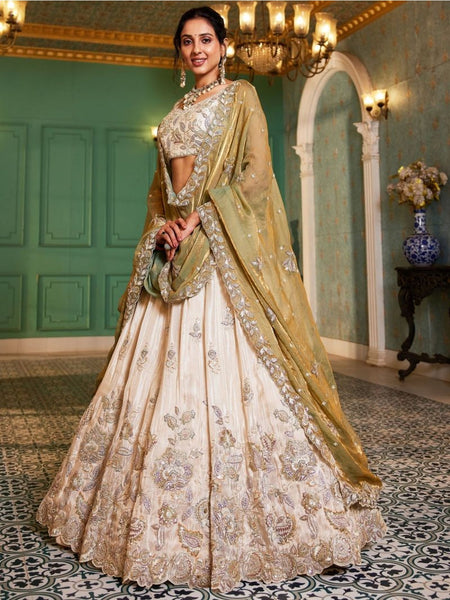 Ivory Gold Pure Tissue Intricate Floral Embroidered Lehenga Choli by Fabricoz USA