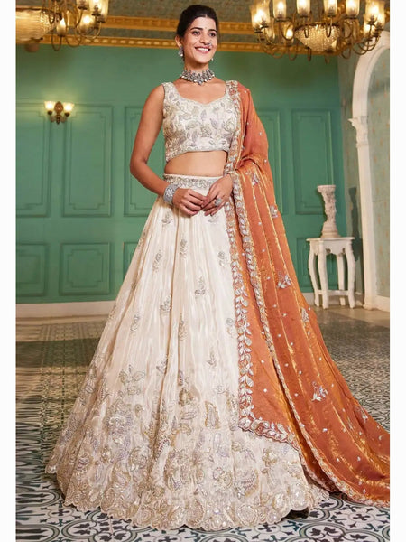 Ivory Gold Pure Tissue Intricate Floral Embroidered Lehenga Choli by Fabricoz USA