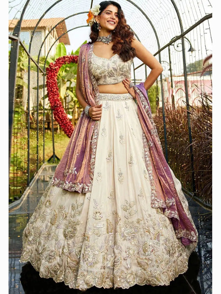 Ivory Gold Pure Tissue Intricate Floral Embroidered Lehenga Choli by Fabricoz USA