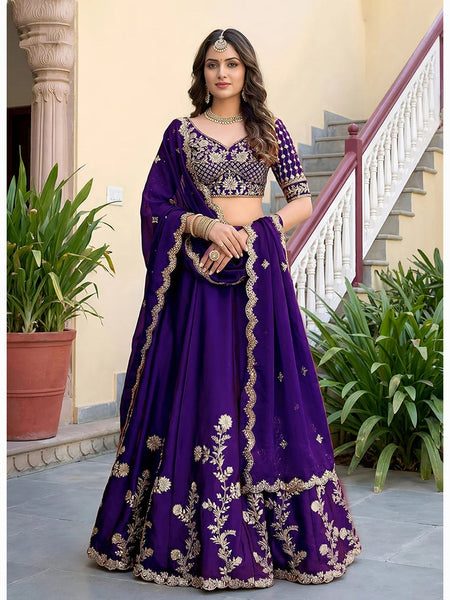 Purple Rangoli Silk Zari Dori & Sequins Embroidered Lehenga Choli by Fabricoz USA