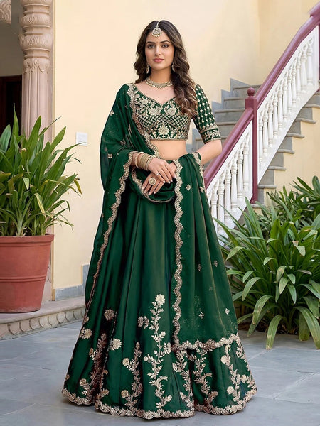 Green Rangoli Silk Zari Dori & Sequins Embroidered Lehenga Choli by Fabricoz USA