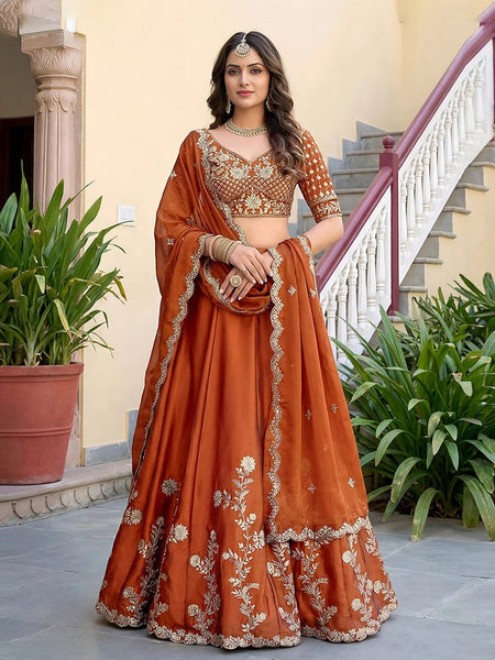 Orange Rangoli Silk Zari Dori & Sequins Embroidered Lehenga Choli by Fabricoz USA