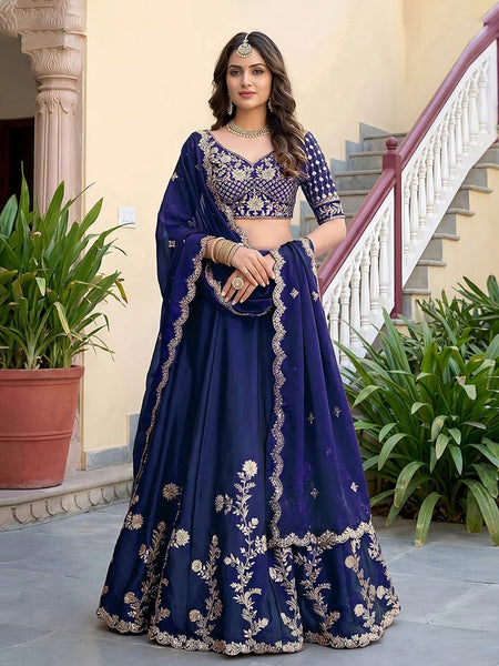 Blue Rangoli Silk Zari Dori & Sequins Embroidered Lehenga Choli by Fabricoz USA