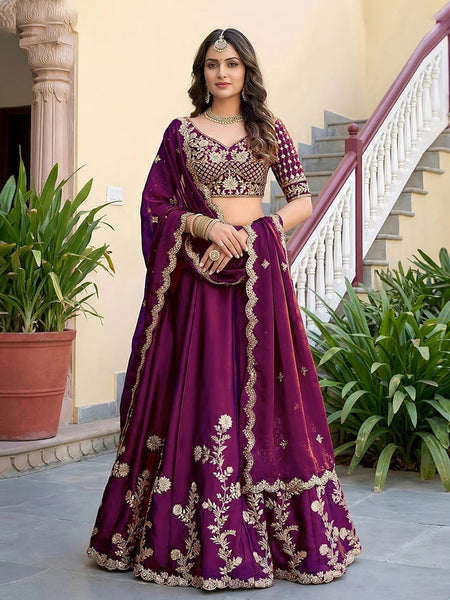 Wine Rangoli Silk Zari Dori & Sequins Embroidered Lehenga Choli by Fabricoz USA