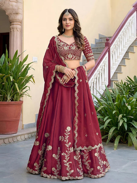 Maroon Rangoli Silk Zari Dori & Sequins Embroidered Lehenga Choli by Fabricoz USA