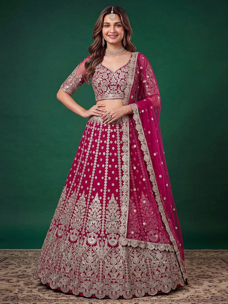 Rose Pink Soft Net Zari Dori & Sequin Embroidered Lehenga Choli by Fabricoz USA