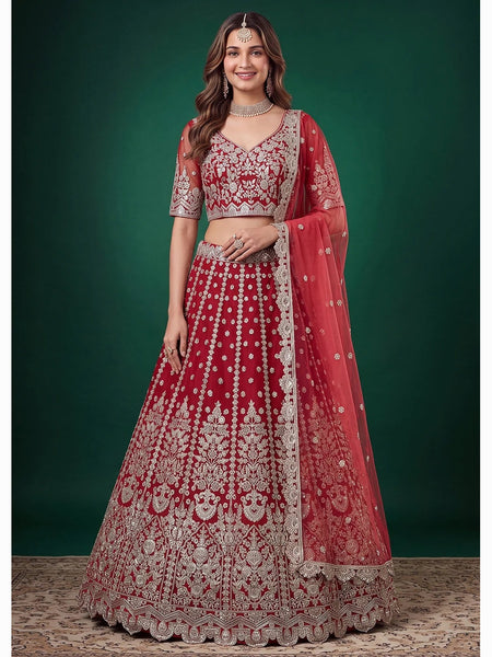 Ruby Red Soft Net Zari Dori & Sequin Embroidered Lehenga Choli by Fabricoz USA