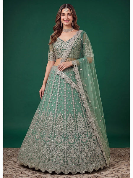 Pistachio Green Soft Net Zari Dori & Sequin Lehenga Choli by Fabricoz USA