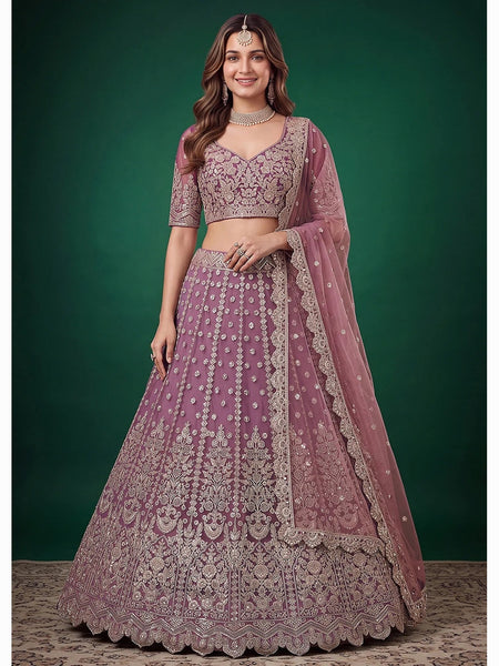 Dusty Purple Soft Net Zari Dori & Sequin Lehenga Choli by Fabricoz USA