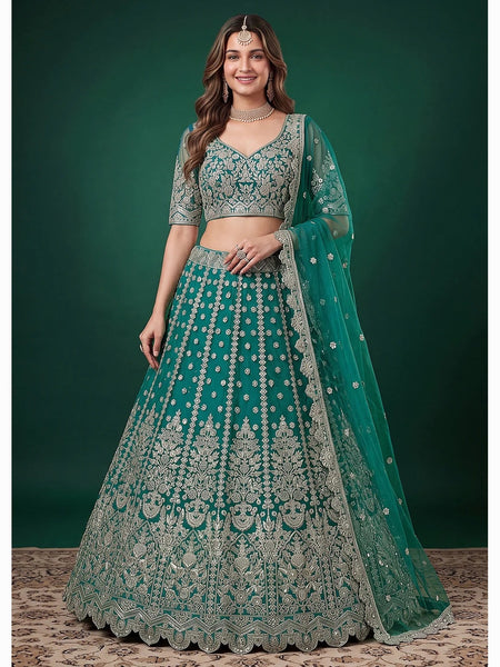 Teal Green Soft Net Zari Dori & Sequin Embroidered Lehenga Choli by Fabricoz USA