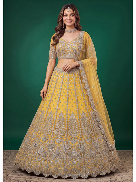 Sunshine Yellow Soft Net Zari Dori & Sequin Lehenga Choli by Fabricoz USA
