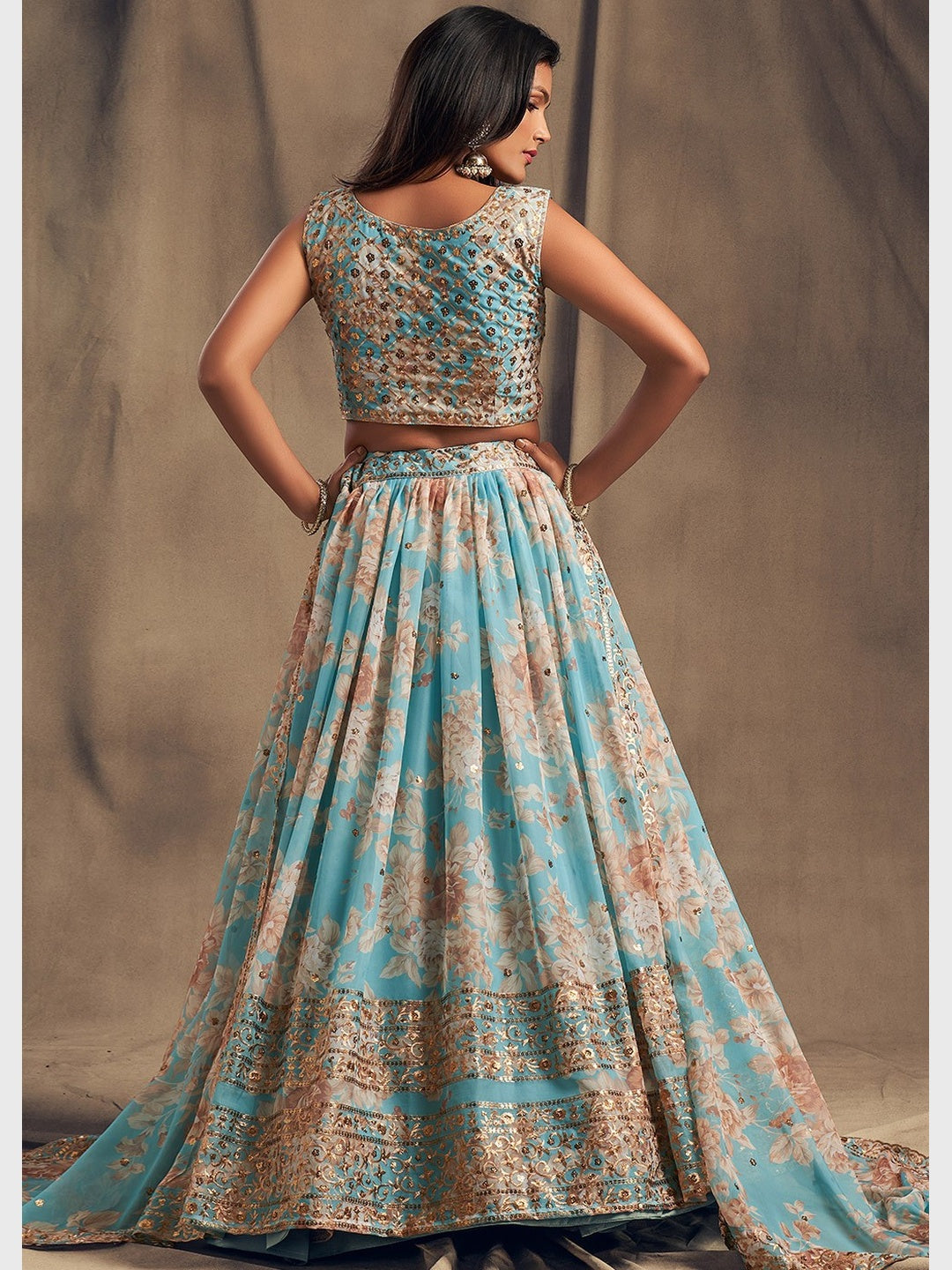 Aqua Blue Organza Floral Printed Zari Embroidered Flowy Elegant Party Wear Aqua Blue Organza Floral Printed Zari Embroidered Flowy Elegant Party Wear