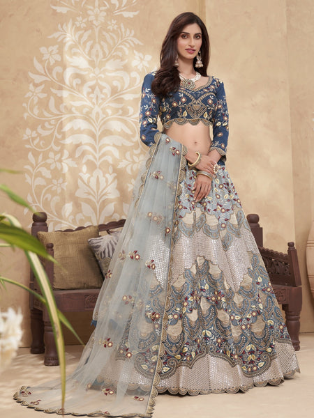Teal Blue Net & Silk Embroidery Lehenga Choli by Fabricoz USA