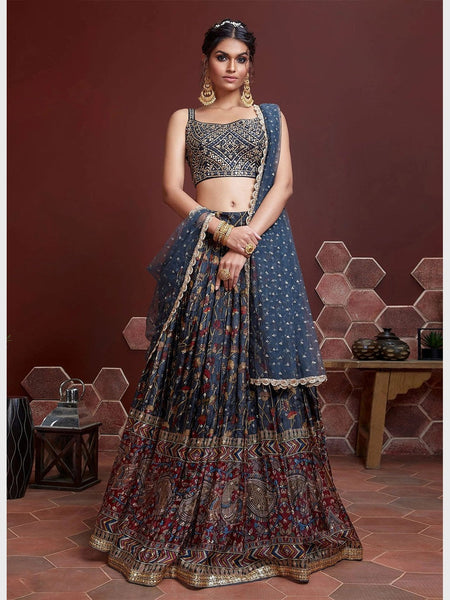 Blue Art Silk & Net Embroidery by Fabricoz USA