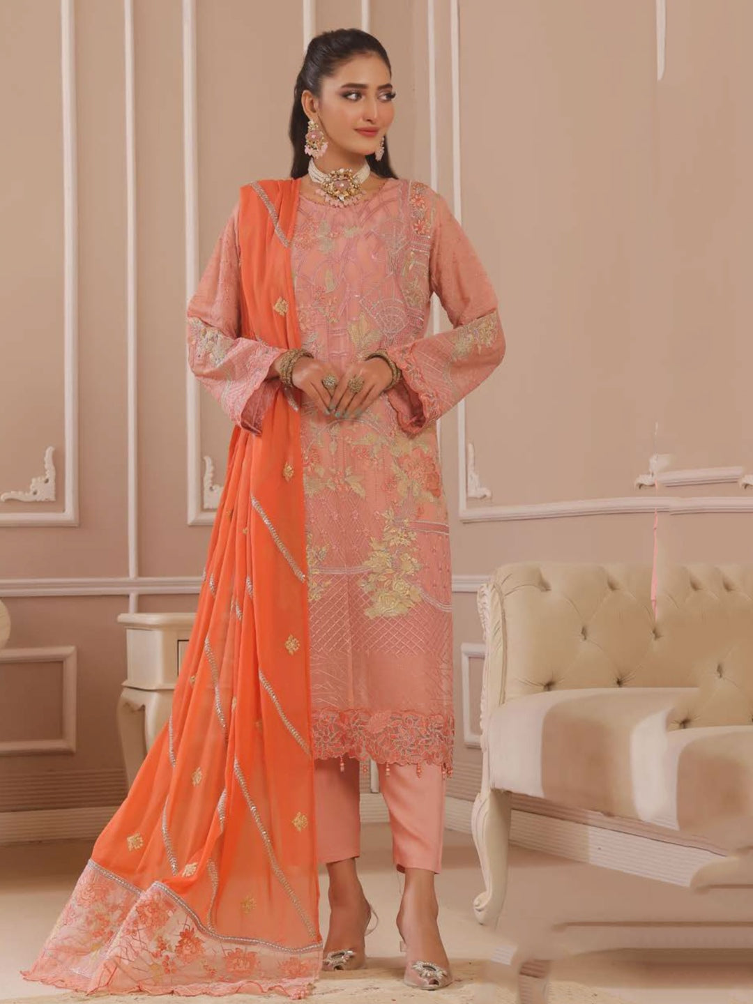 orange color dresses pakistani Shop Pakistani Orange Long Kameez Trousers Party Dress MEDIUM