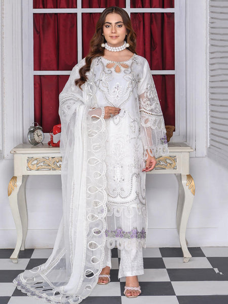White Organza Hand Embroidered Pakistani Salwar Kameez by Fabricoz USA
